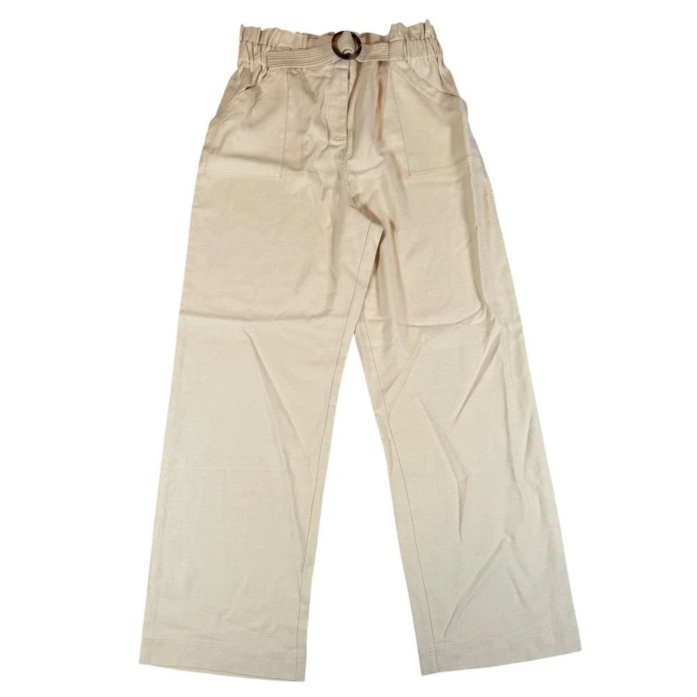 Sezane Silas Cream Linen Blend Paperbag Waist Wide Leg Trousers Pants Ecru Sz 46